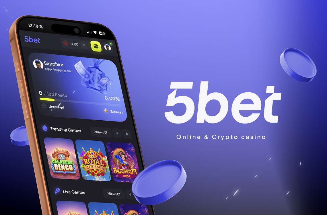 5Bet mobile app showing player rewards and trending games