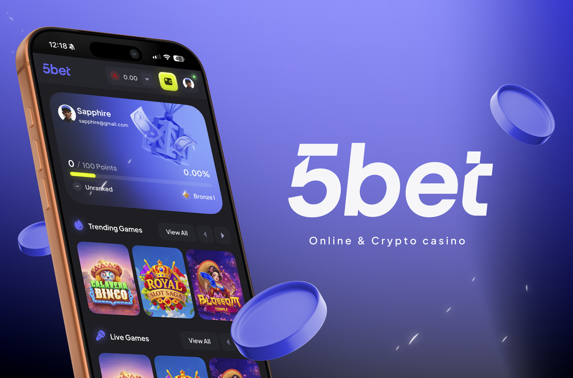 5Bet mobile app showing player rewards and trending games