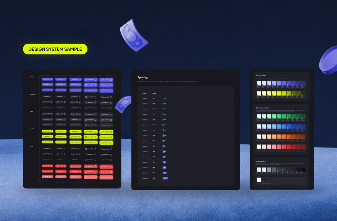 5Bet design system sample showing button variants, spacing tokens and brand, functional and neutral colour palettes