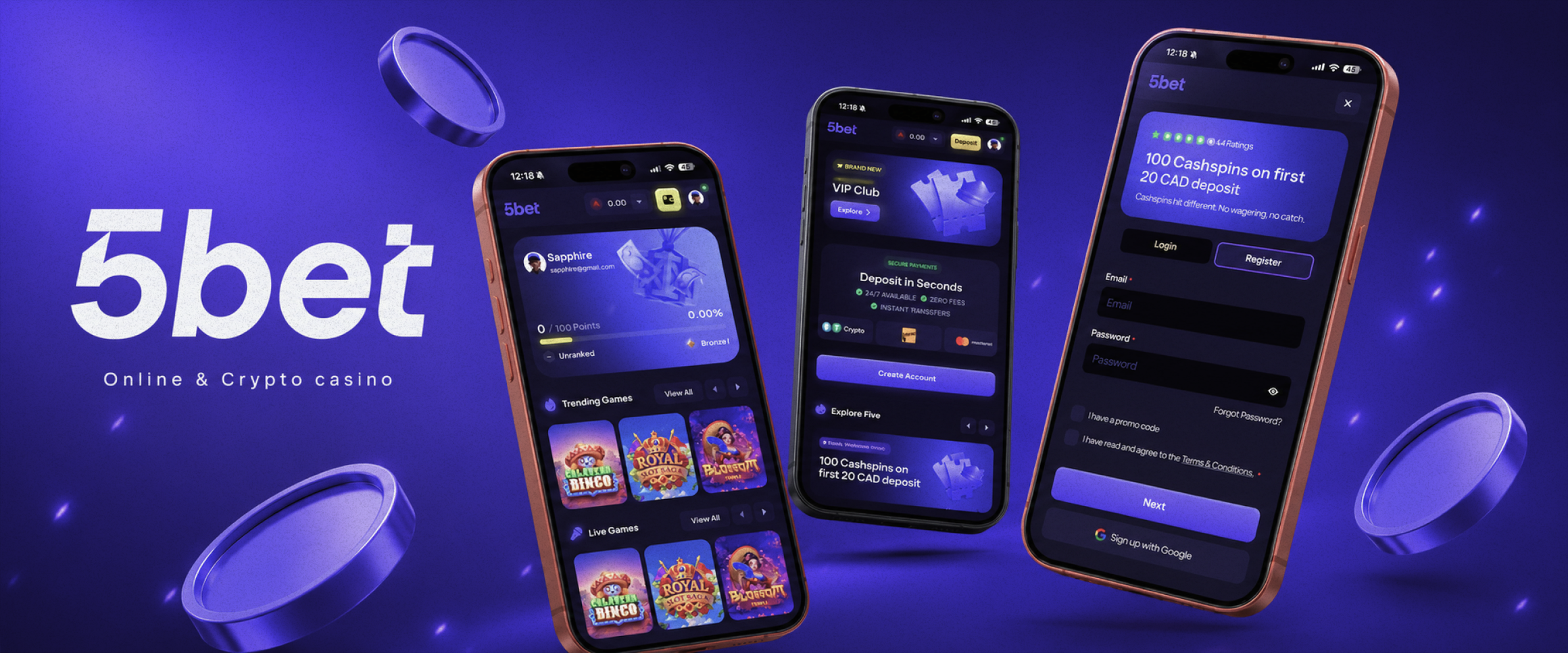 5Bet app screens showing account, VIP club and sign-up flows, with the 5bet logo