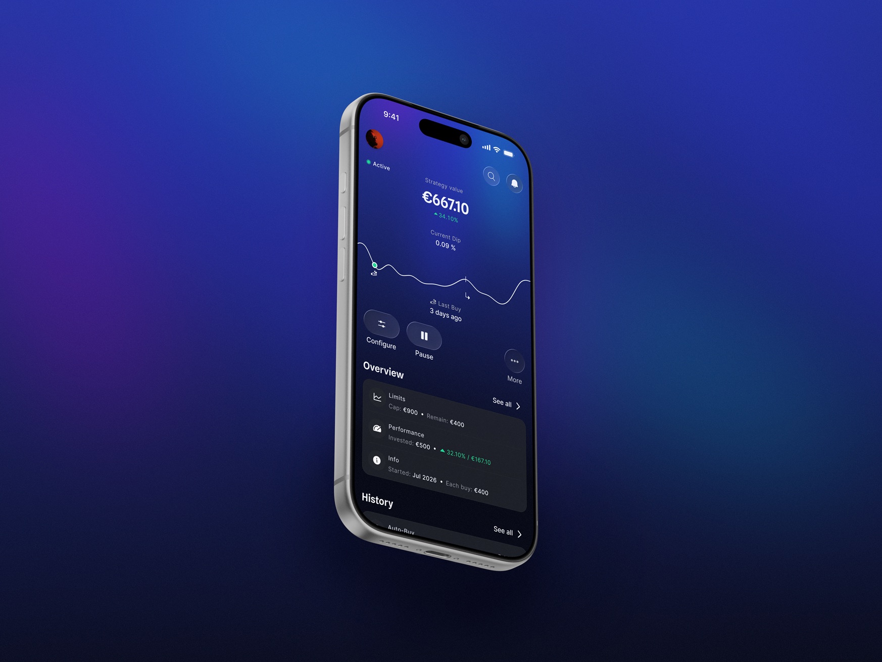 Automated Crypto Investing iOS app showing a Bitcoin auto-buy strategy dashboard