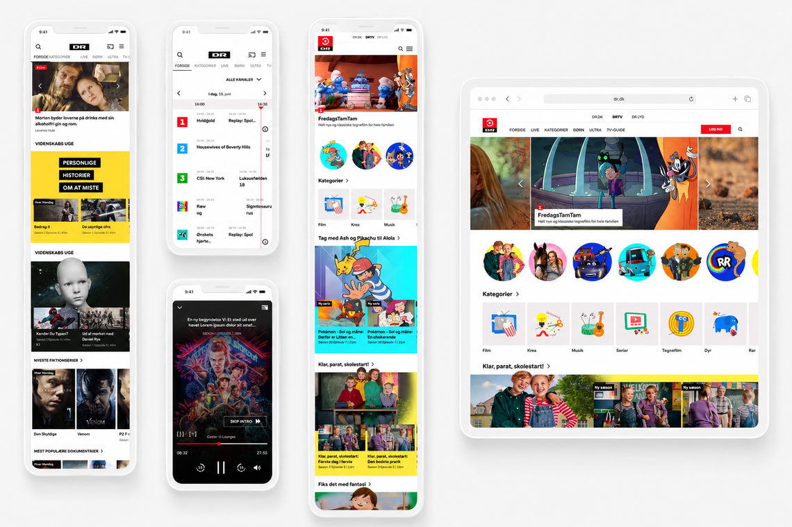 DRTV shown across phone, mobile web and tablet screens, including the kids' section and TV guide