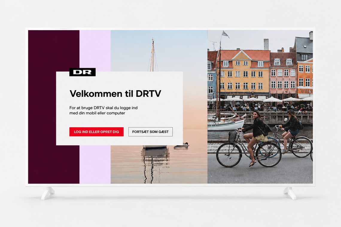 DRTV welcome screen on a smart TV, prompting sign-in or continuing as a guest