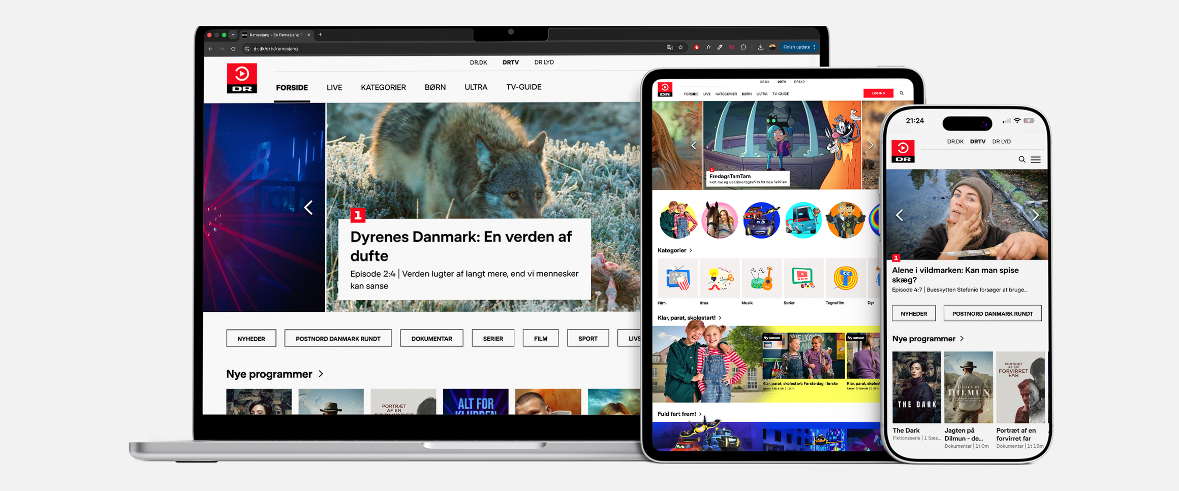 DRTV cross-platform design mockup showing TV, mobile and web interfaces