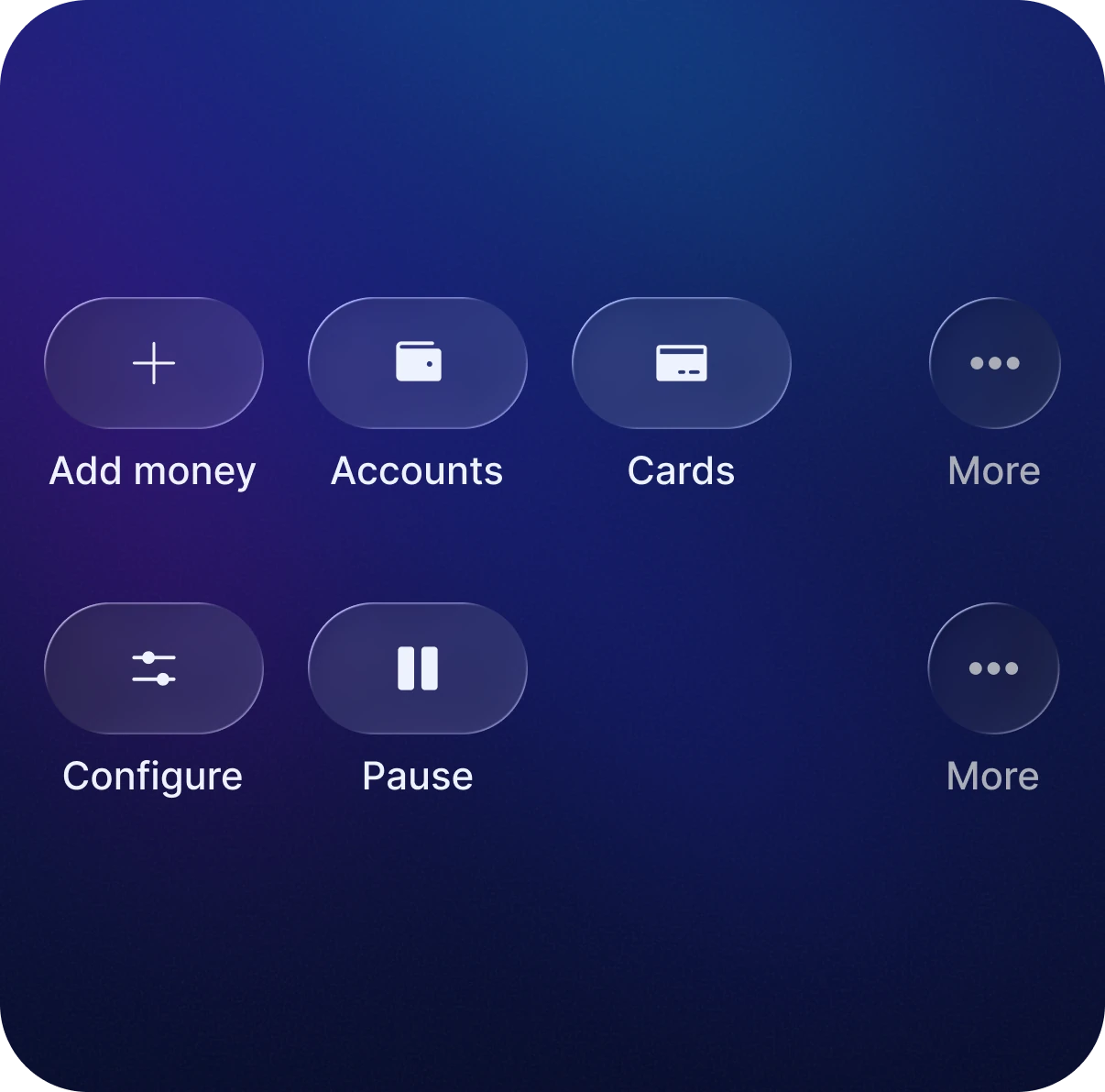 Control rows: Home has Add money, Accounts, Cards, More; the strategy has only Configure, Pause, More