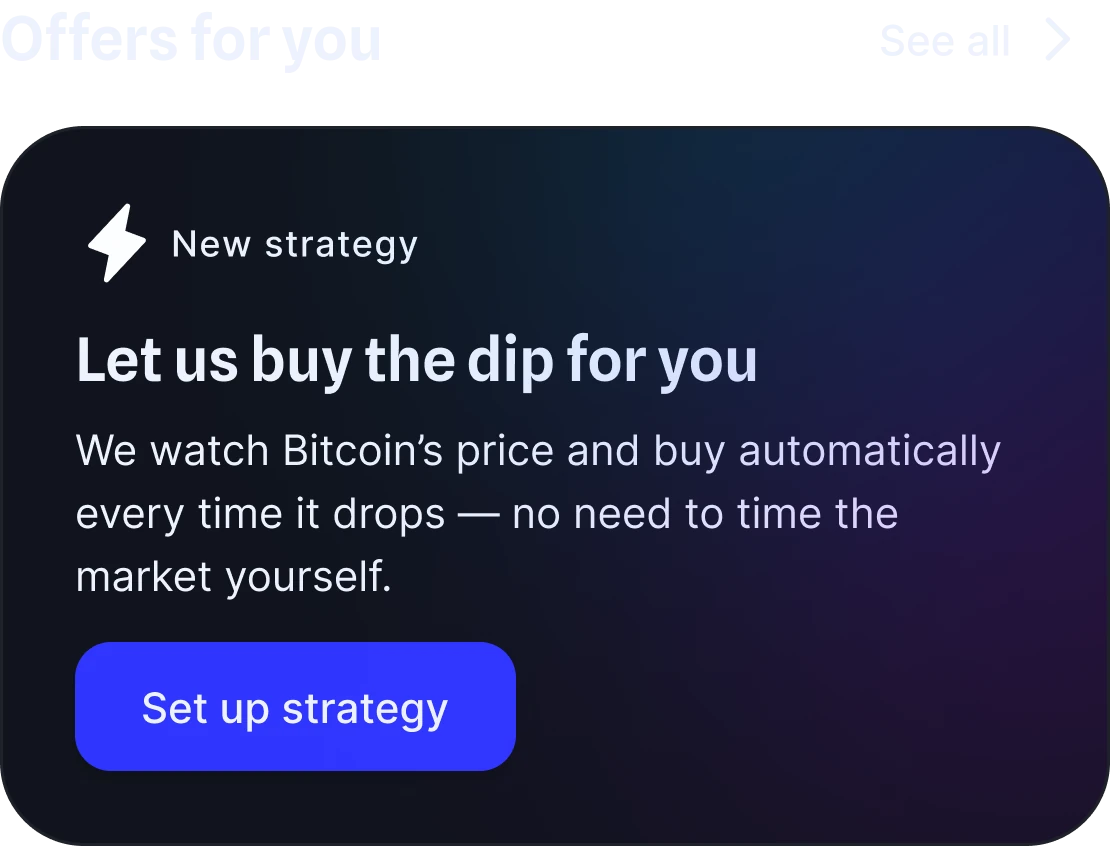 Offer card on Home inviting the user to set up the dip-buying strategy