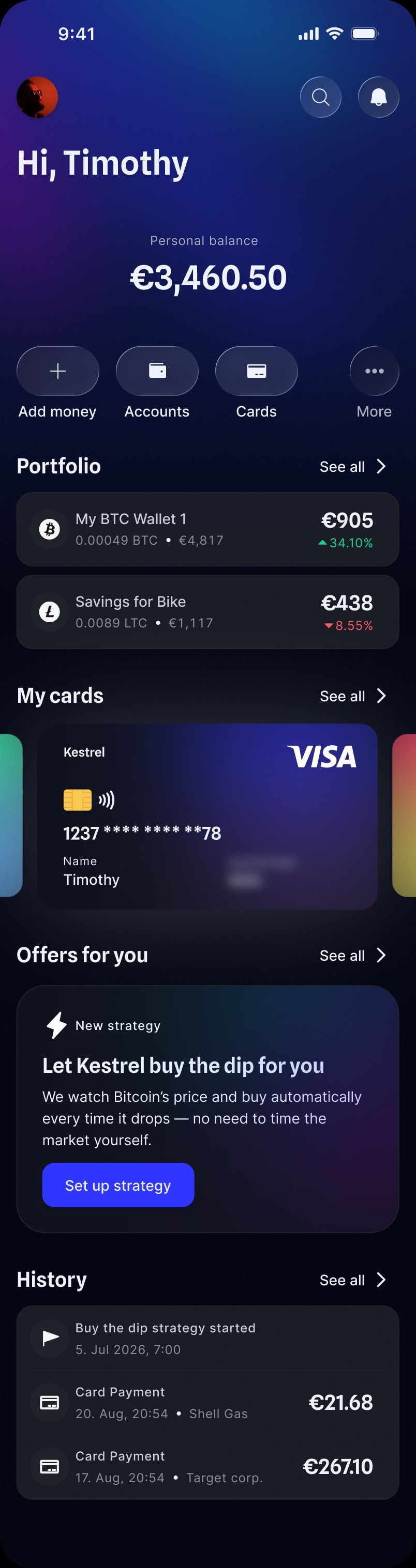Home screen with balance, portfolio, cards and the Buy the Dip offer