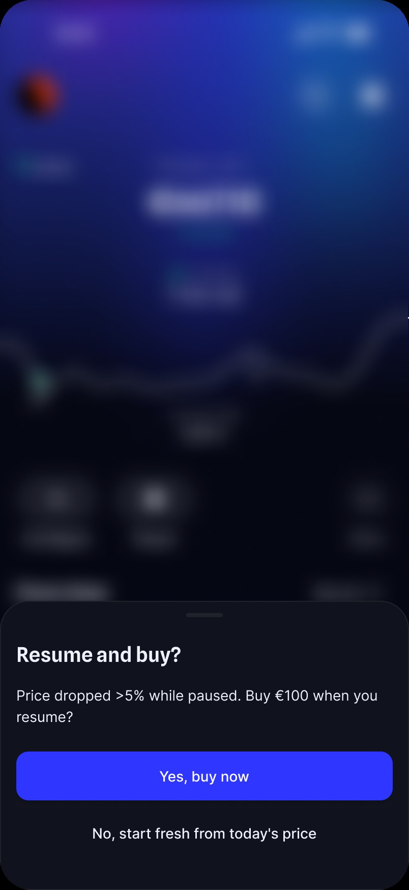 Resume and buy? drawer shown over the paused strategy