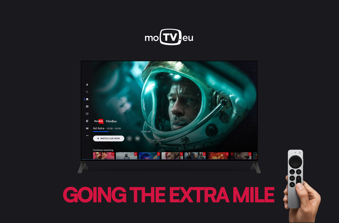 moTV.eu smart TV interface with 'Going the extra mile' tagline