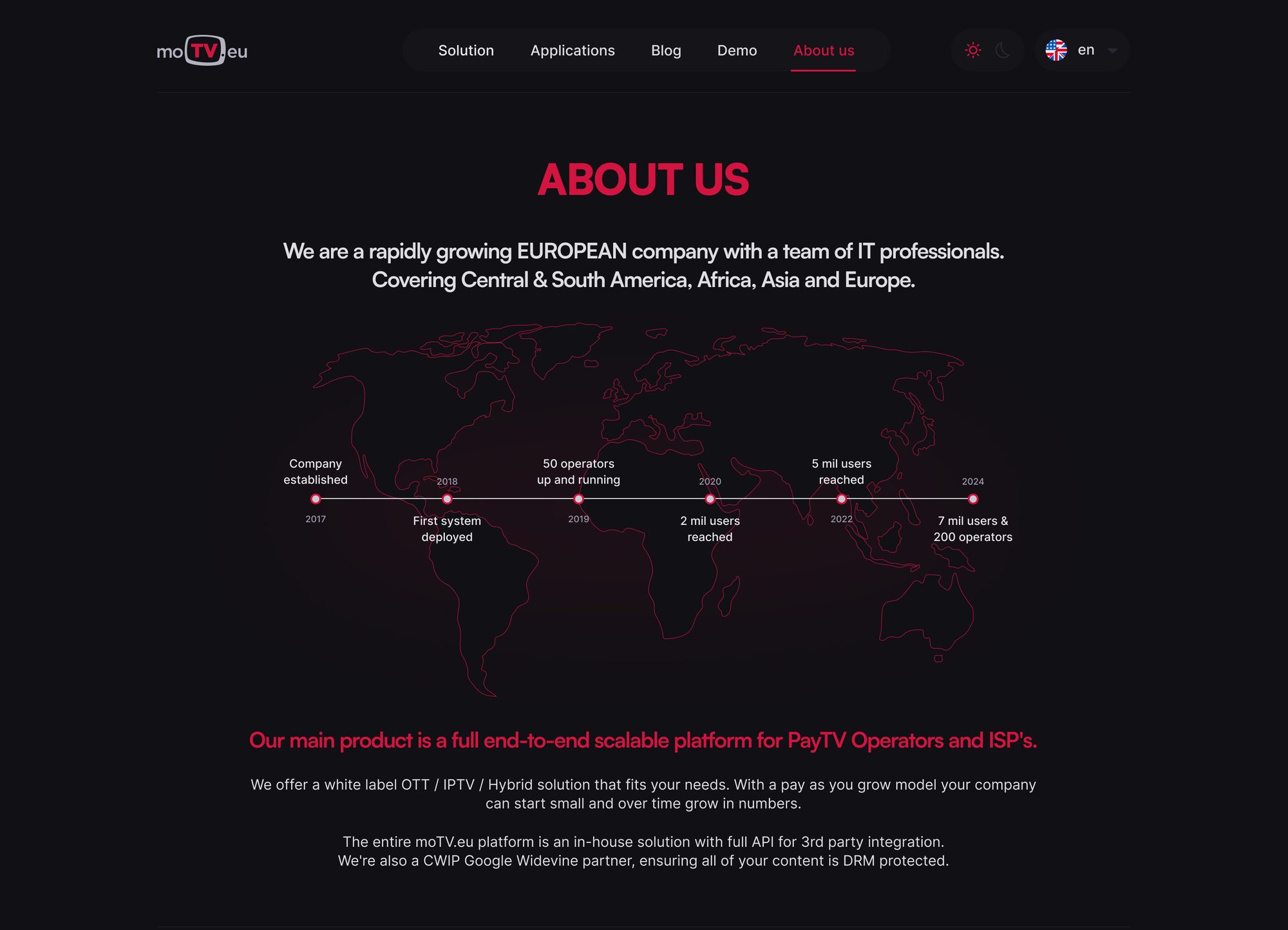 About Us page in dark mode with a company timeline over a world map