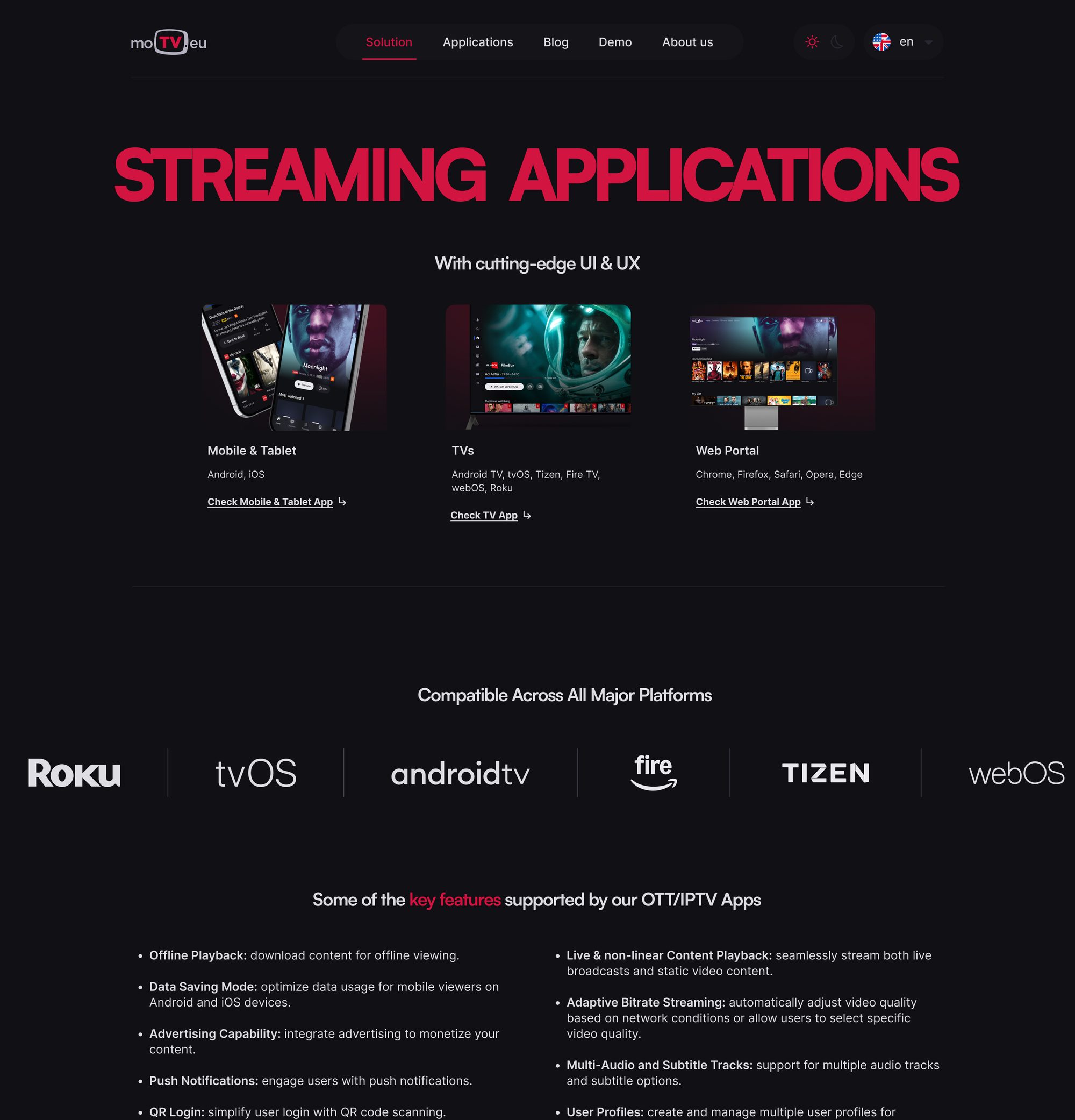 Streaming Applications page in dark mode