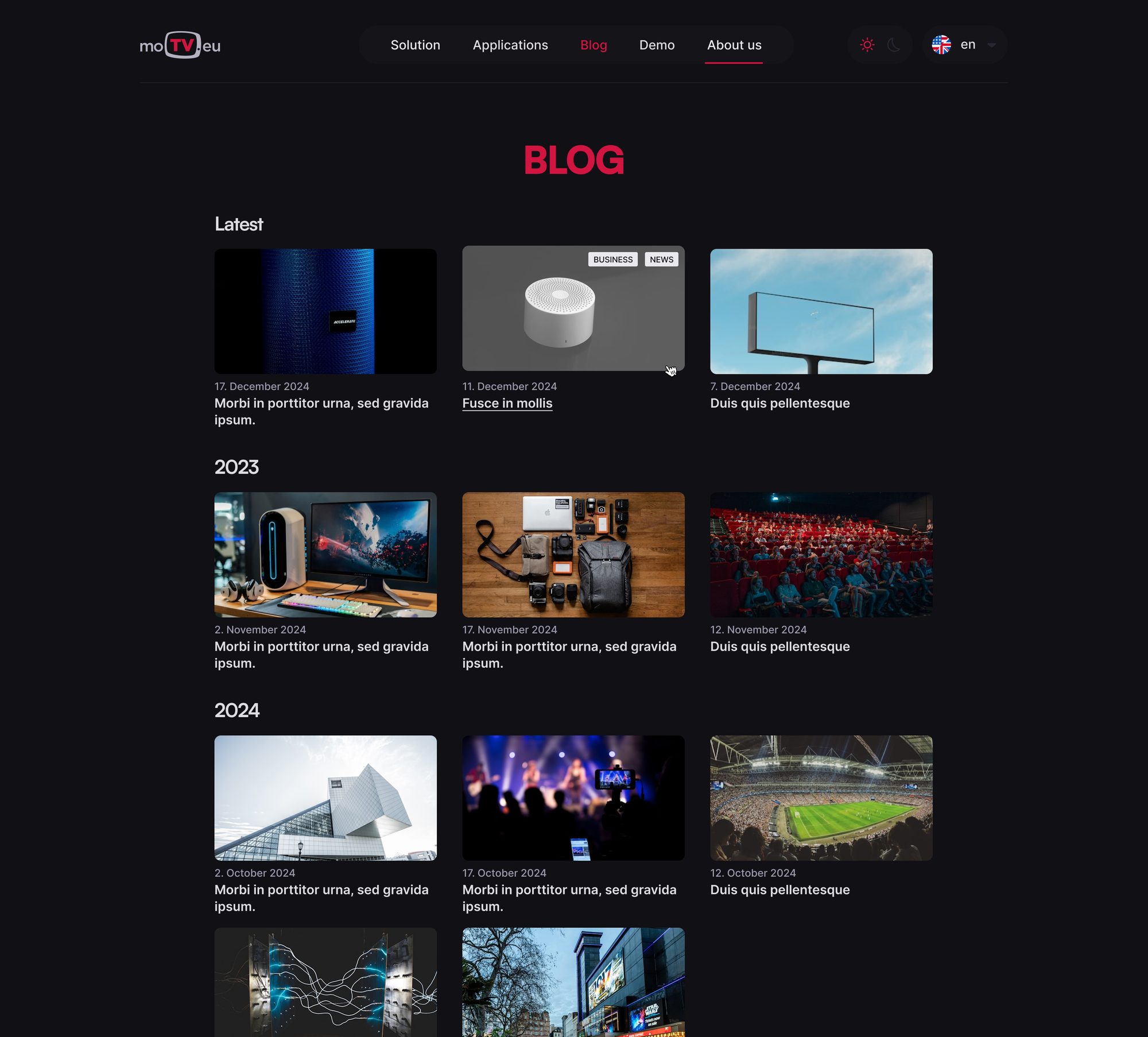 Blog page in dark mode