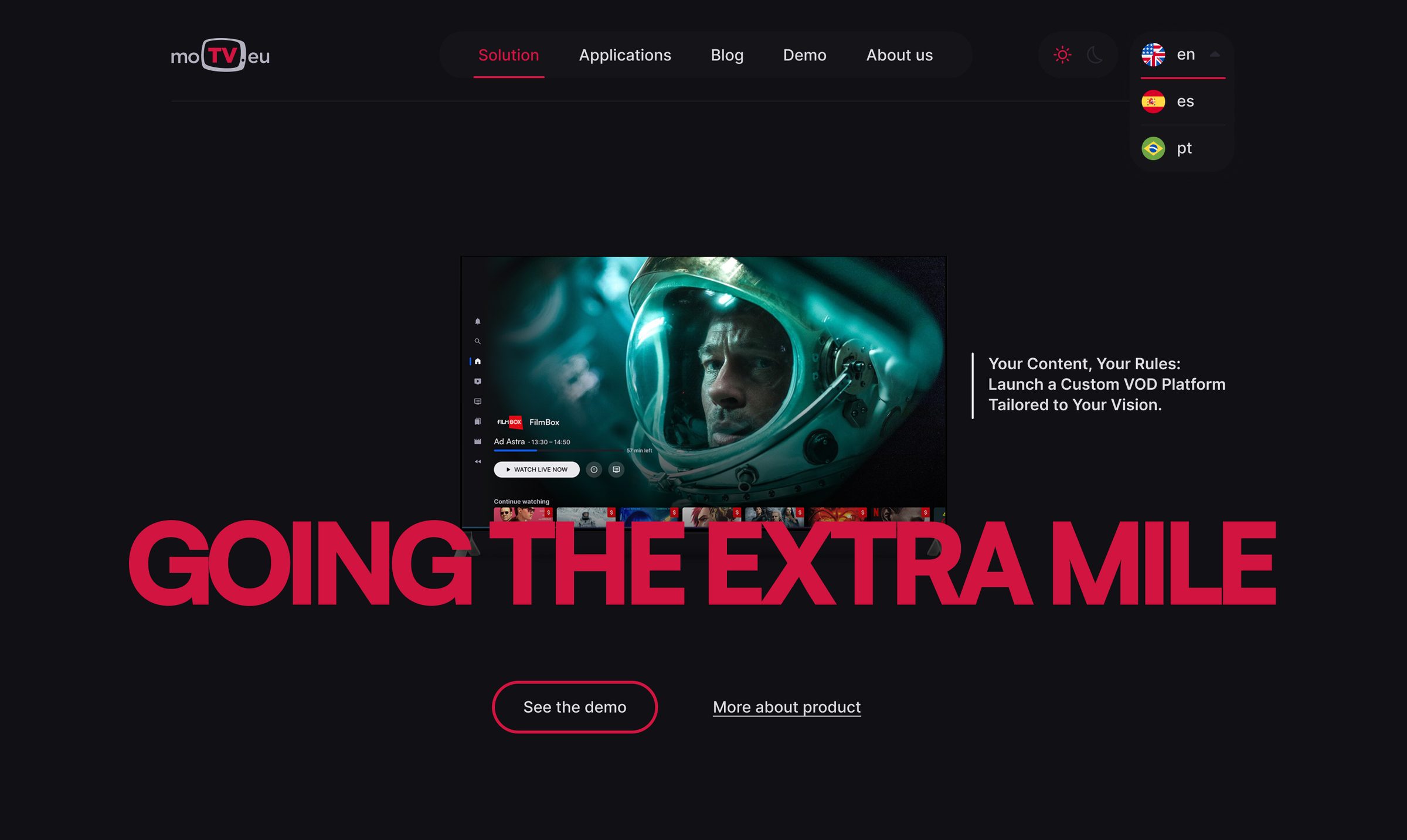 moTV.eu homepage in dark mode with the headline Going the extra mile