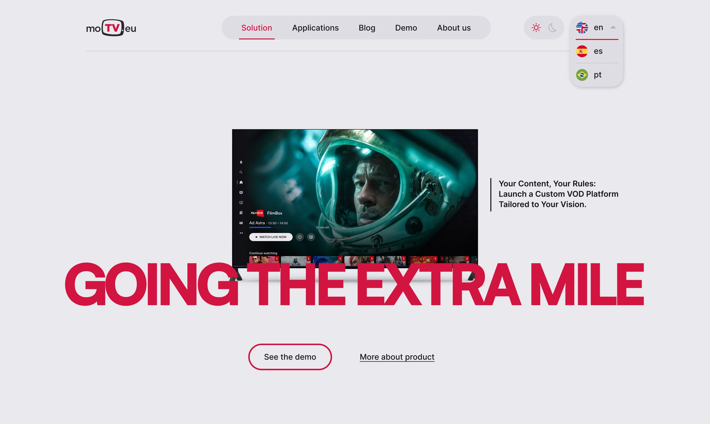 moTV.eu homepage in light mode with the headline Going the extra mile